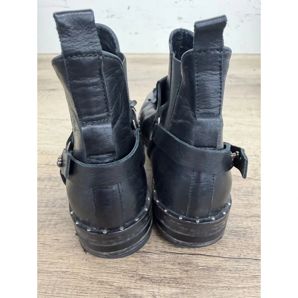 Freda Salvador Black Leather Kiltie Fringe Harness Ankle Boots Studded Size 8
